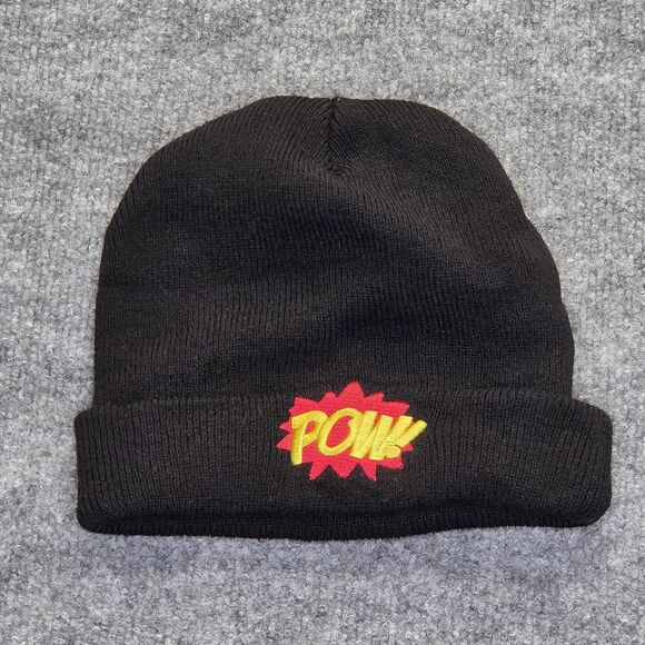 Spirit Halloween Beanie Hat Fitted Mens One Size Black POW Comic Cuffed Knit - Picture 1 of 6